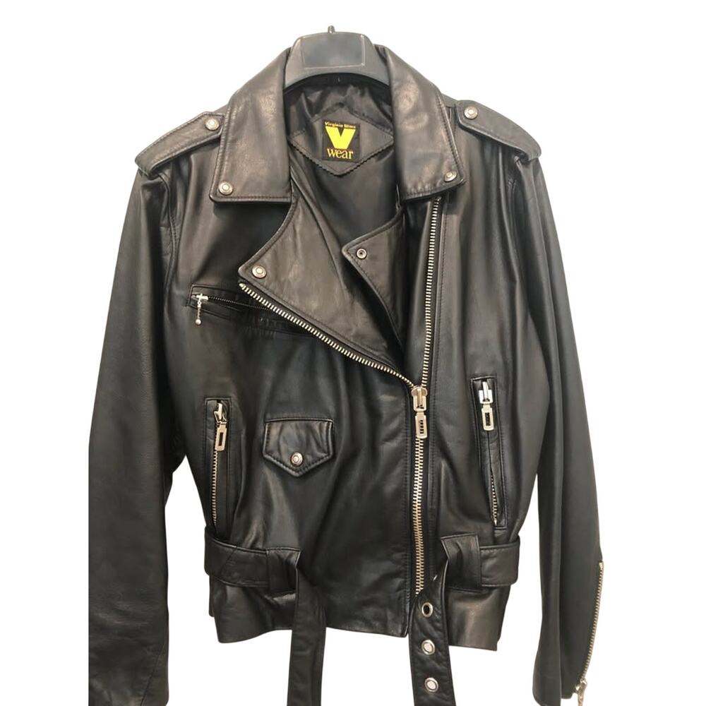 VTG 90s Virginia Slims Black Moto Jacket LG Belted DBL Rider